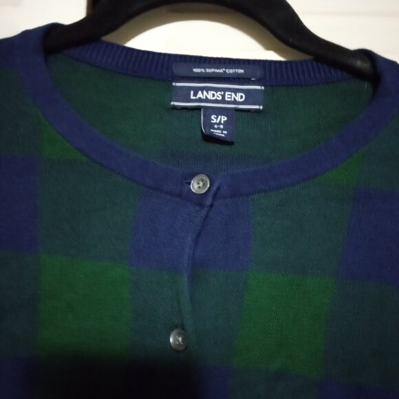 LANDS' END Navy Blue Green Plaid Check Cardigan Sweater SP 6-8 S Ladies Supima - Picture 5 of 6